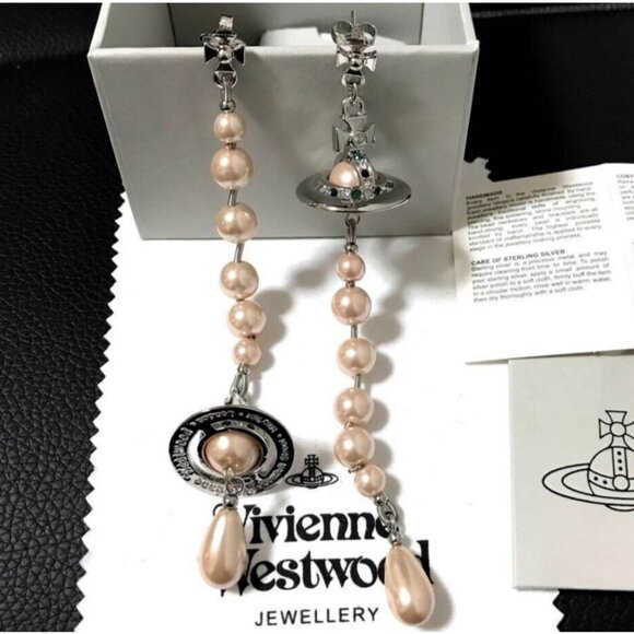Vivienne Westwood Long Pearl Earrings Silver Pink Orb Drop with drawstring - Picture 1 of 7